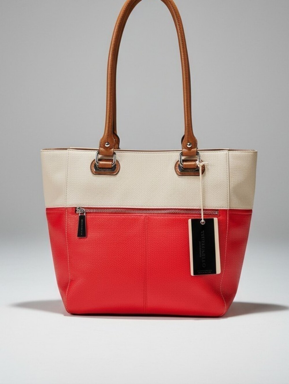 NWT Tignanello Perfect Pockets Leather Colorblock Medium Tote Bag Red Cream